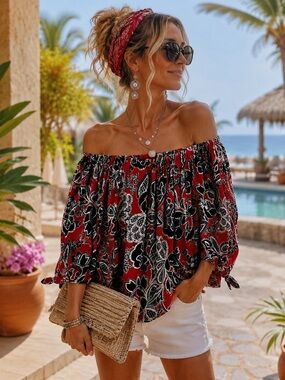 K. Jordan Off Shoulder Floral Tie Sleeve Top Size M Resort Vacation Coastal Chic